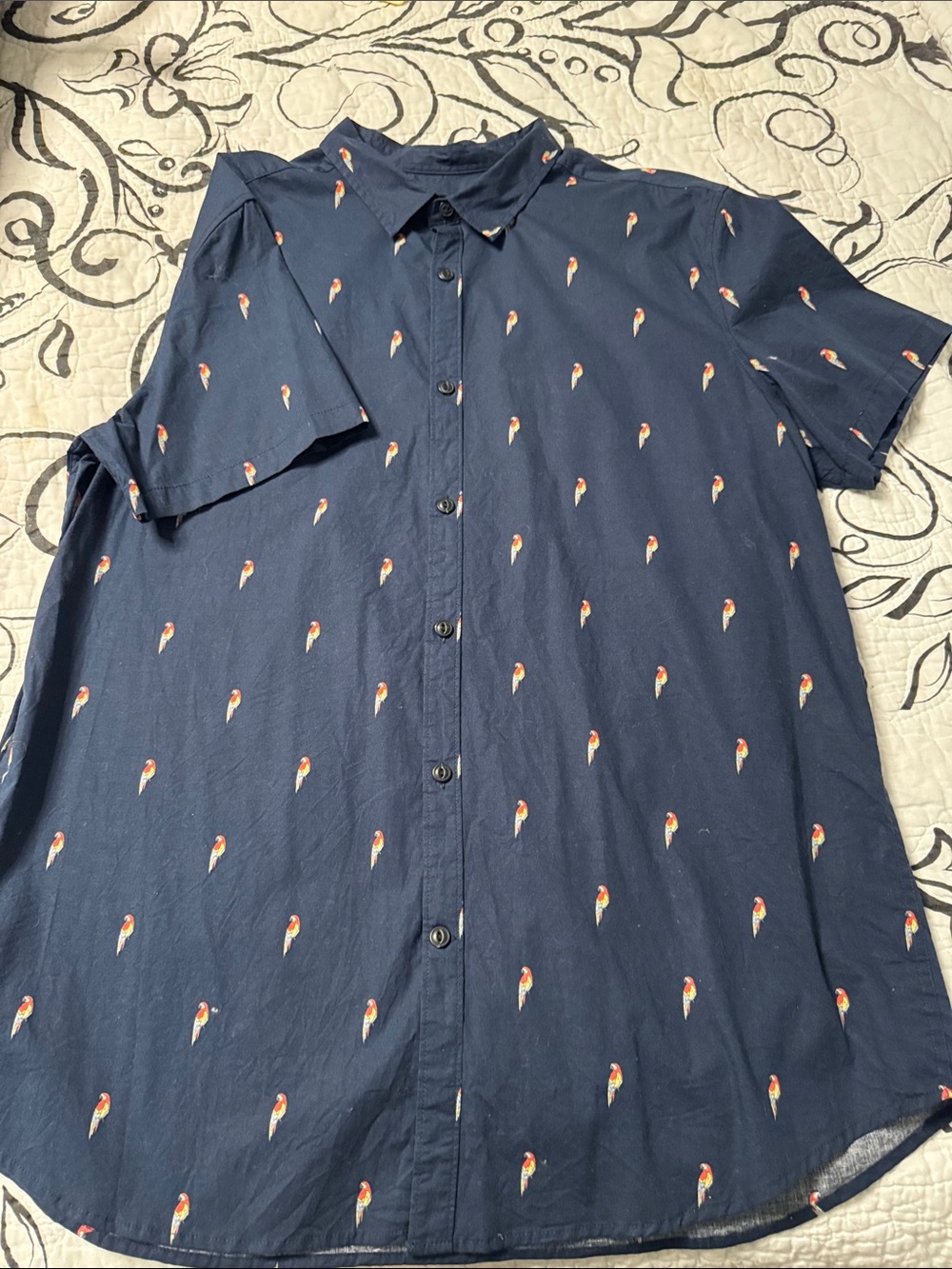 George Navy Short-Sleeve Button-Down Shirt with Small Parrot Print